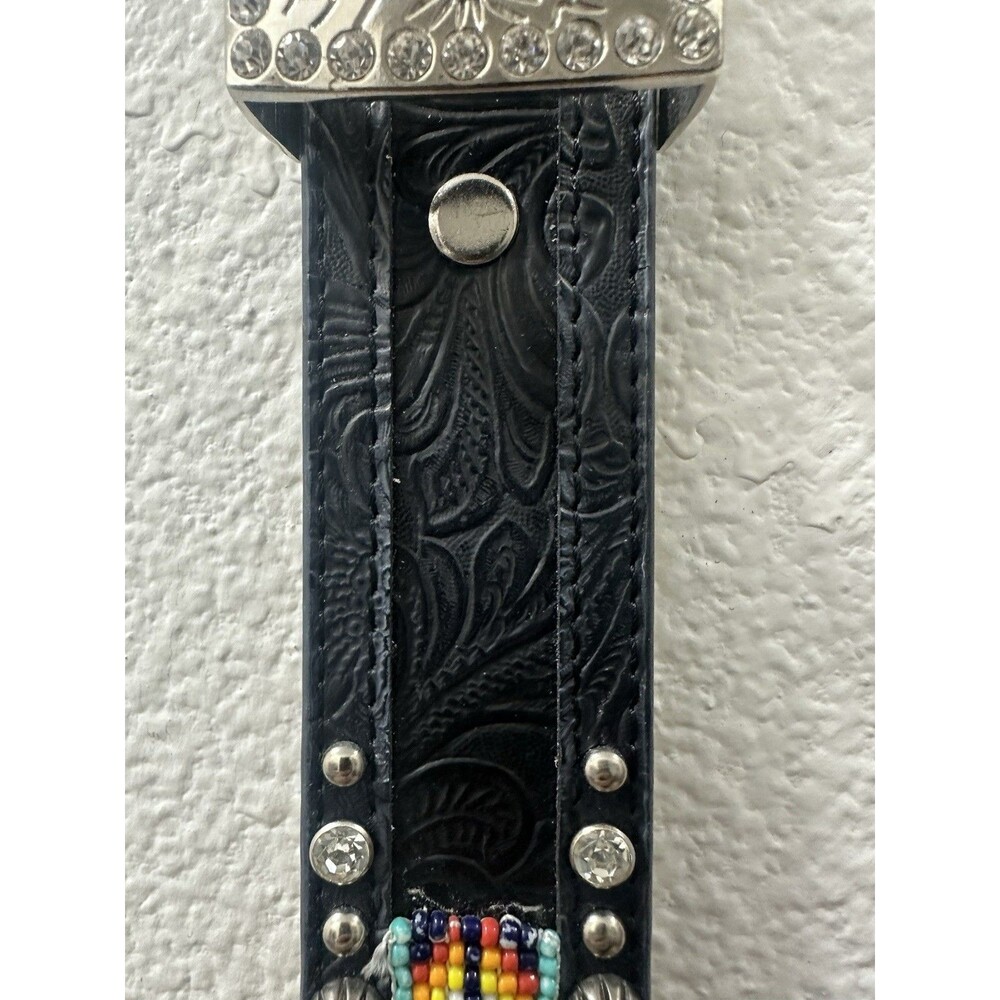 Tooled Leather Studded Silver & Rhinestone Aztec Blazin Roxx Bling Belt Rodeo - Picture 9 of 10